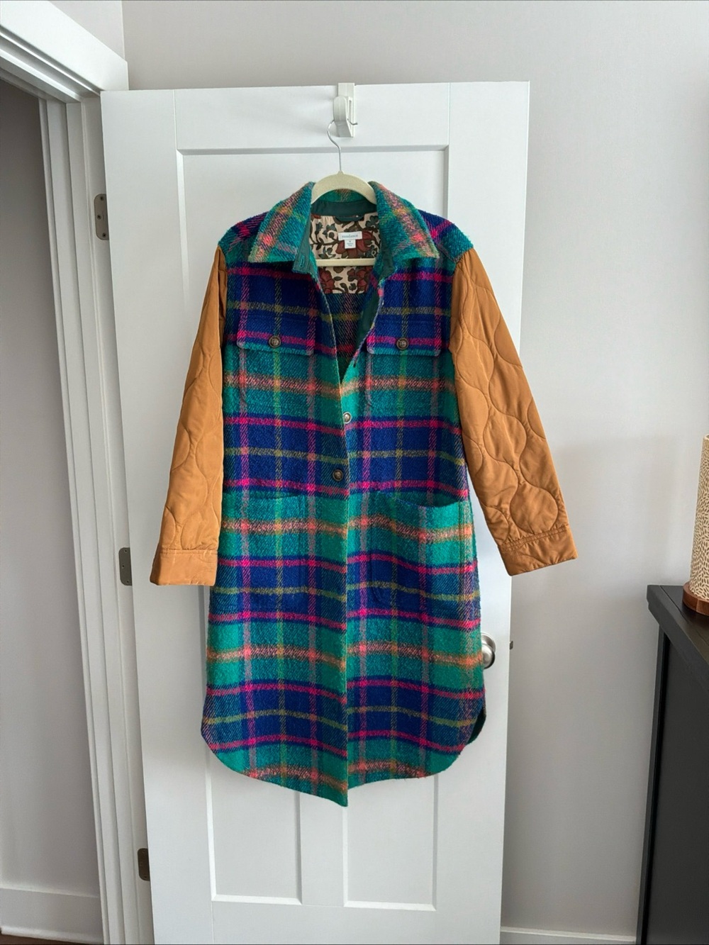 Sundance Teal & Blue Plaid Coat with Quilted Tan Sleeves